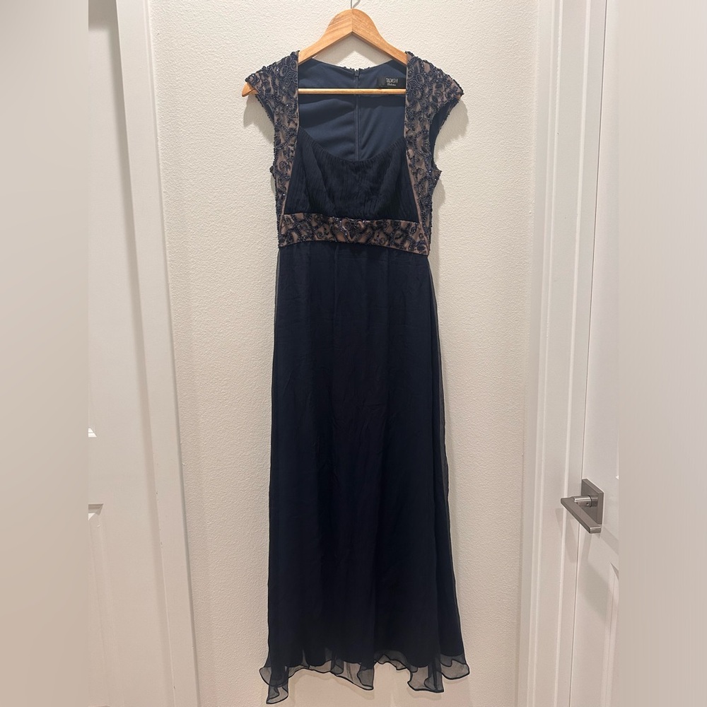 Tadashi Shoji Navy Blue Maxi Dress with Embroidered Cap Sleeves